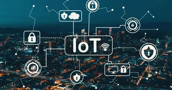High-tech digital illustration of the Internet of Things (IoT) connecting a modern city with smart icons representing cloud security, Wi-Fi, and data protection.