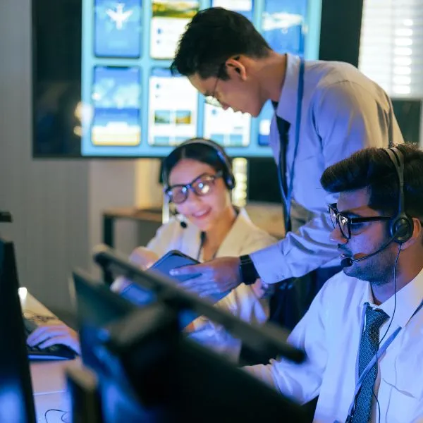 A diverse team of IT professionals works together in a modern office. Two wear headsets while they discuss a project on a digital tablet.