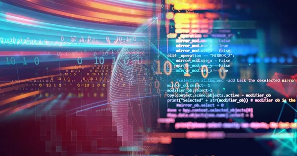 A vivid visual representing software development, featuring lines of code over binary data and digital global graphics. Ideal for modern tech topics.