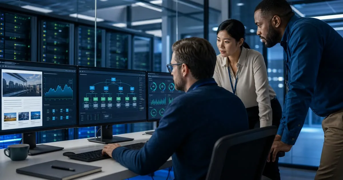 IT team monitoring website hosting performance and scalable server infrastructure in a modern data center.