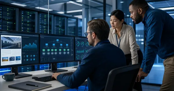 IT team monitoring website hosting performance and scalable server infrastructure in a modern data center.